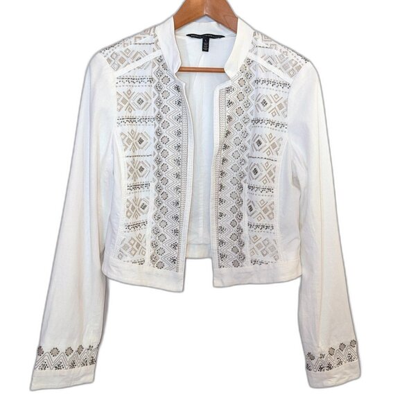 WHBM | Open Front Embroidered Cotton Linen “Matador”  White Jacket | Size Large - Picture 9 of 16